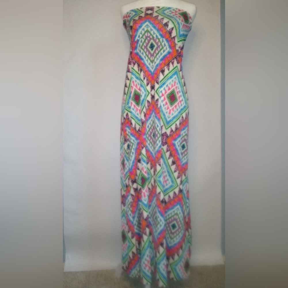 Bright patterned strapless maxi festival or resort dress, MOA MOA, Size Medium,